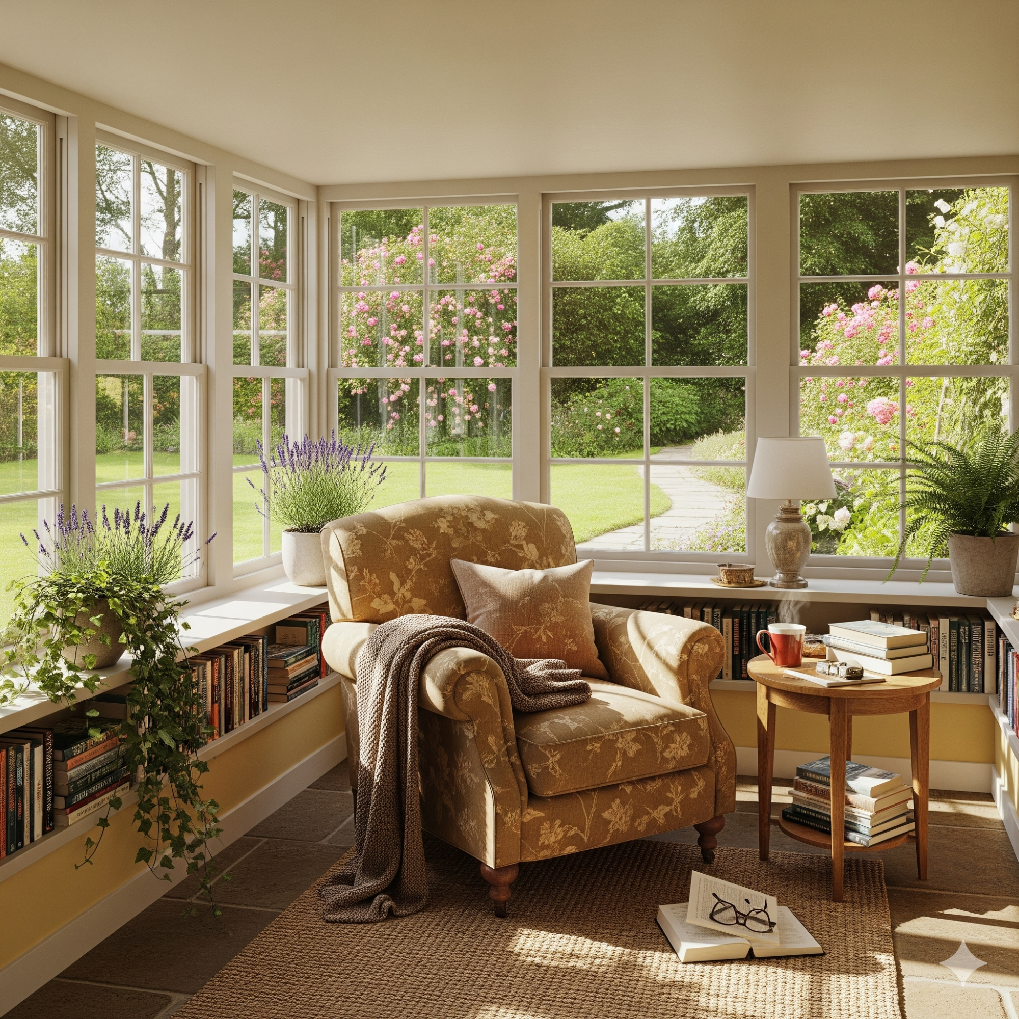The Garden Room - Sun Trap Cozy armchair in a sunlit room with large windows overlooking a garden.