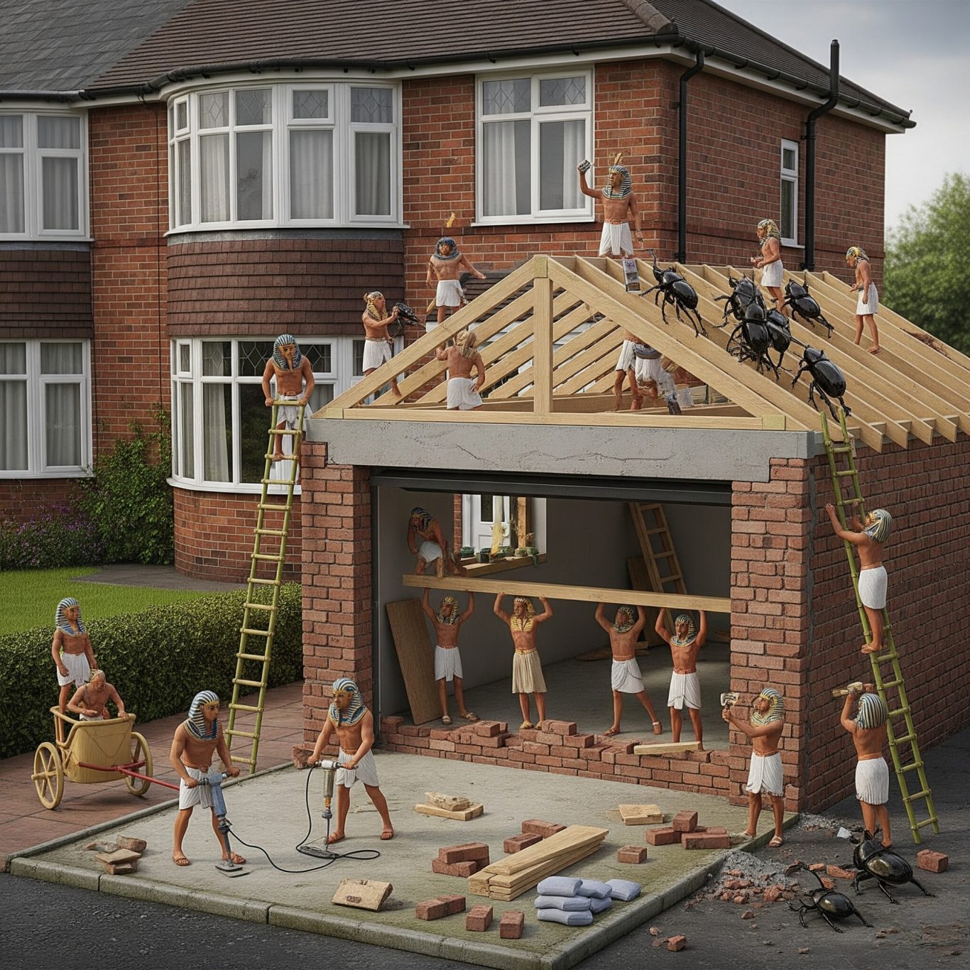 Garage conversion A humorous scene depicting tiny workers constructing a garage with traditional tools.