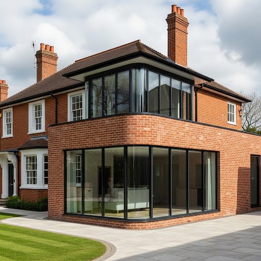 Modern brick house with large glass windows and a well-kept garden.