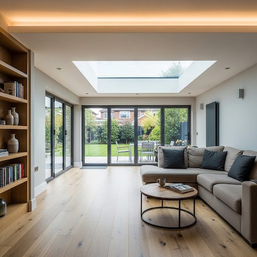 Cosy interior with a kitchen, living area, and a bathroom visible in the background.