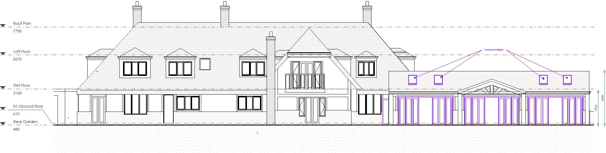 Proposed Rear Elevation Architectural drawing of a house with a front elevation and side extension details.