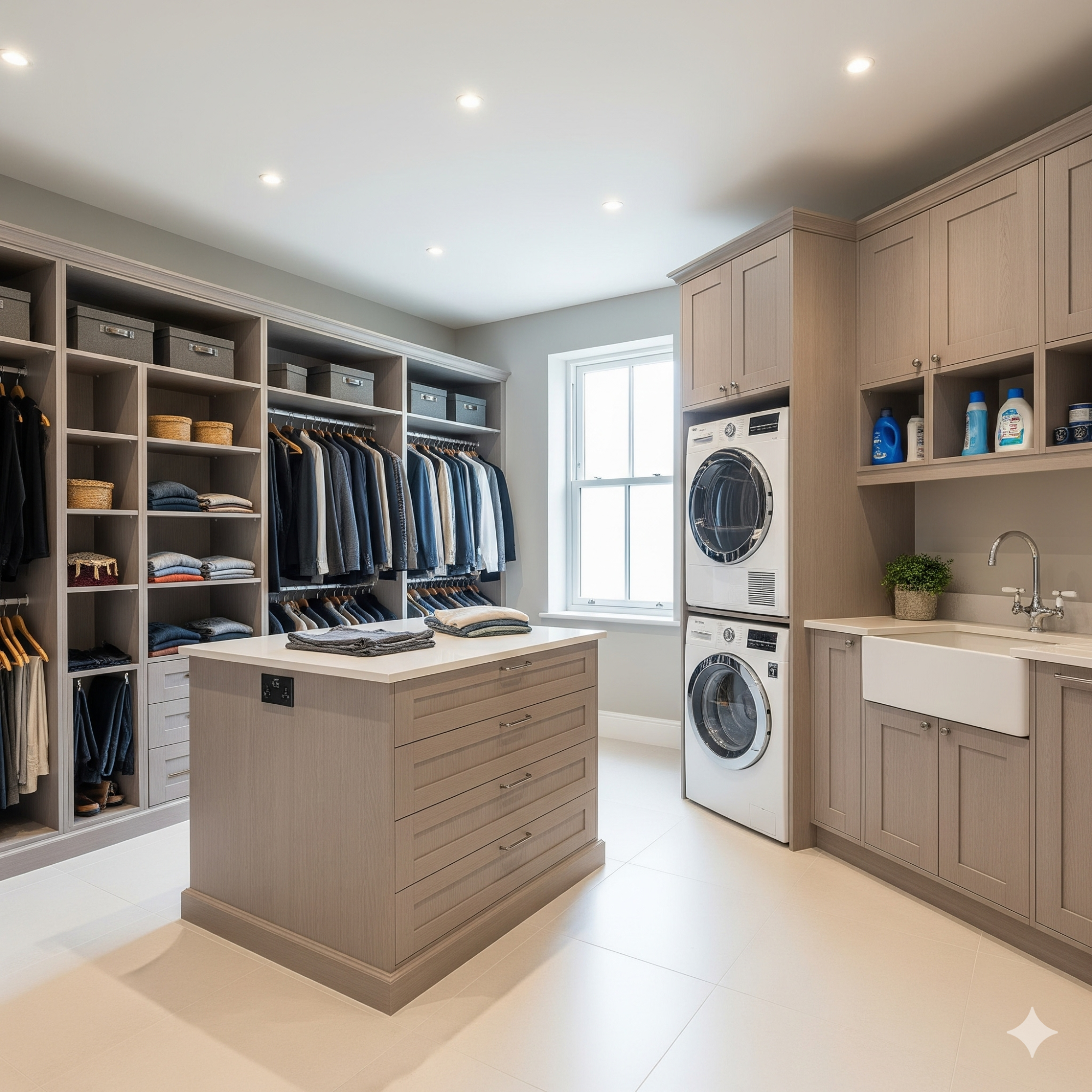 Integrated Laundry A modern laundry room with storage shelves, washing machine, and folding counter.