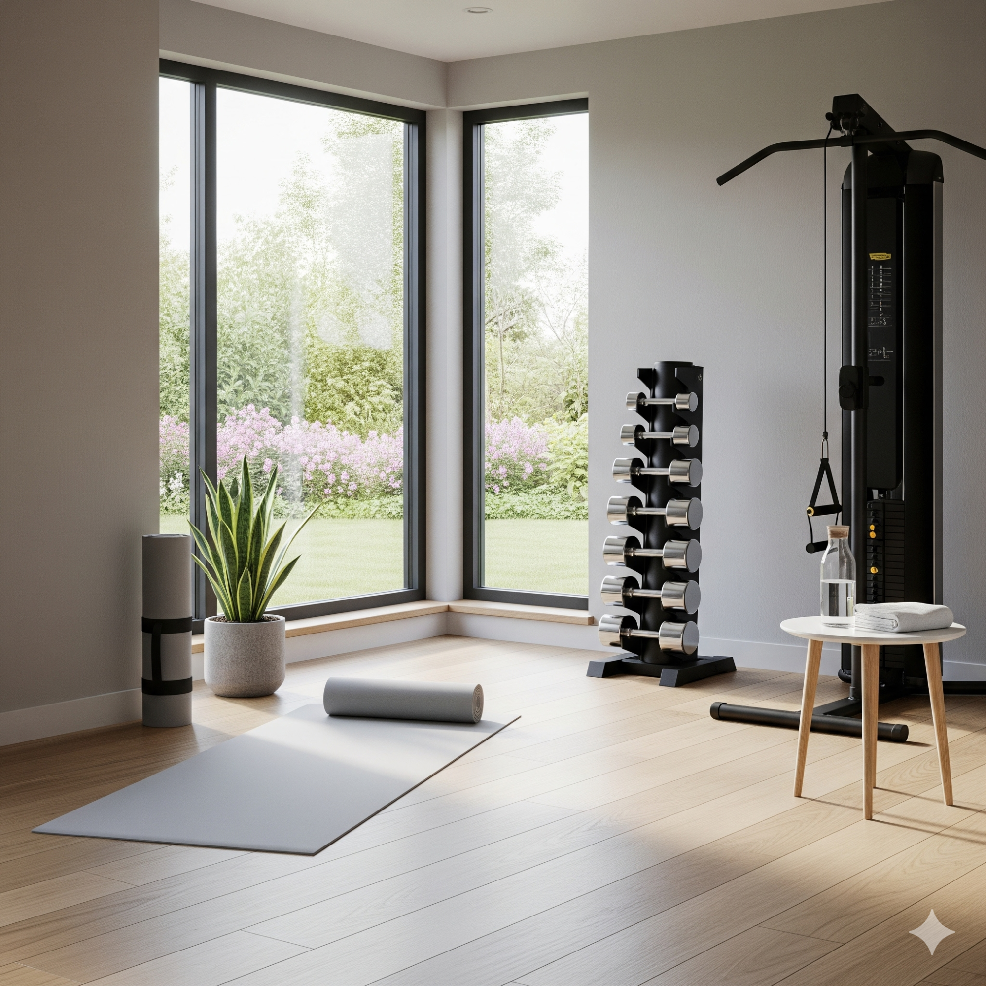 Modern Minimalist Bright indoor fitness space featuring dumbbells, a yoga mat, and large windows with garden views.