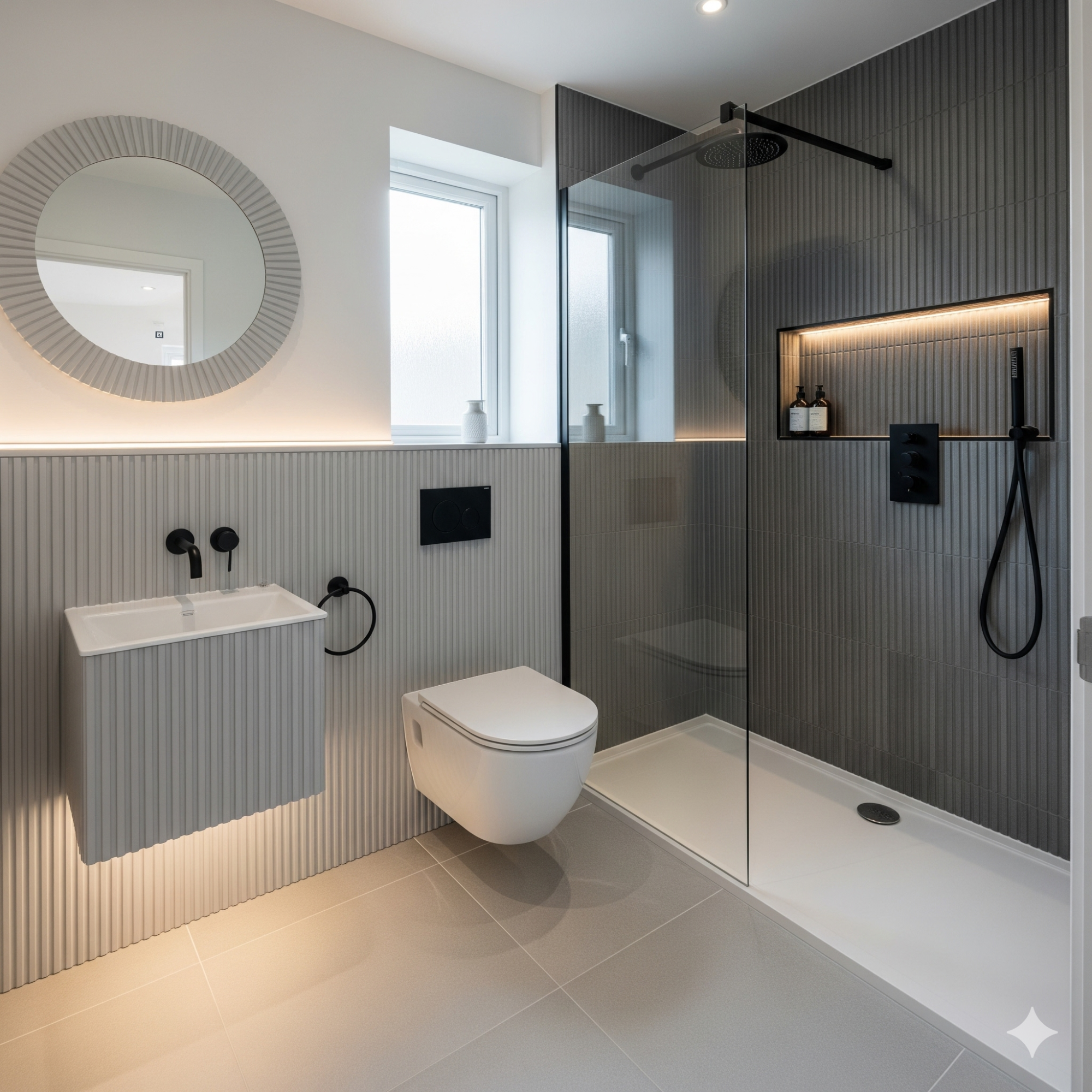 Fluted and Ribbed Details Modern bathroom featuring a glass shower, minimalist sink, and wall-mounted toilet.