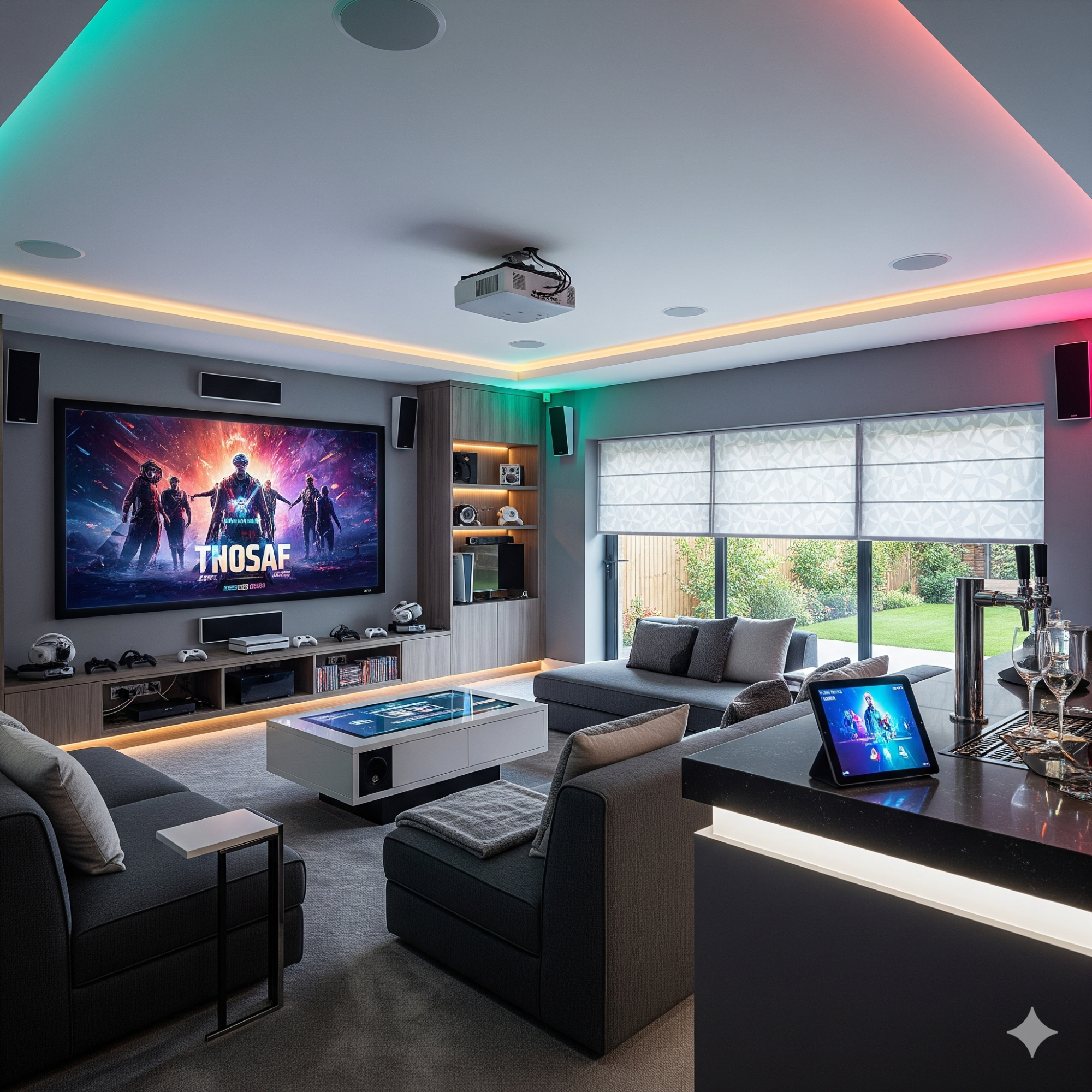 Smart Technology Modern living room with a large TV, ambient lighting, and contemporary furniture.