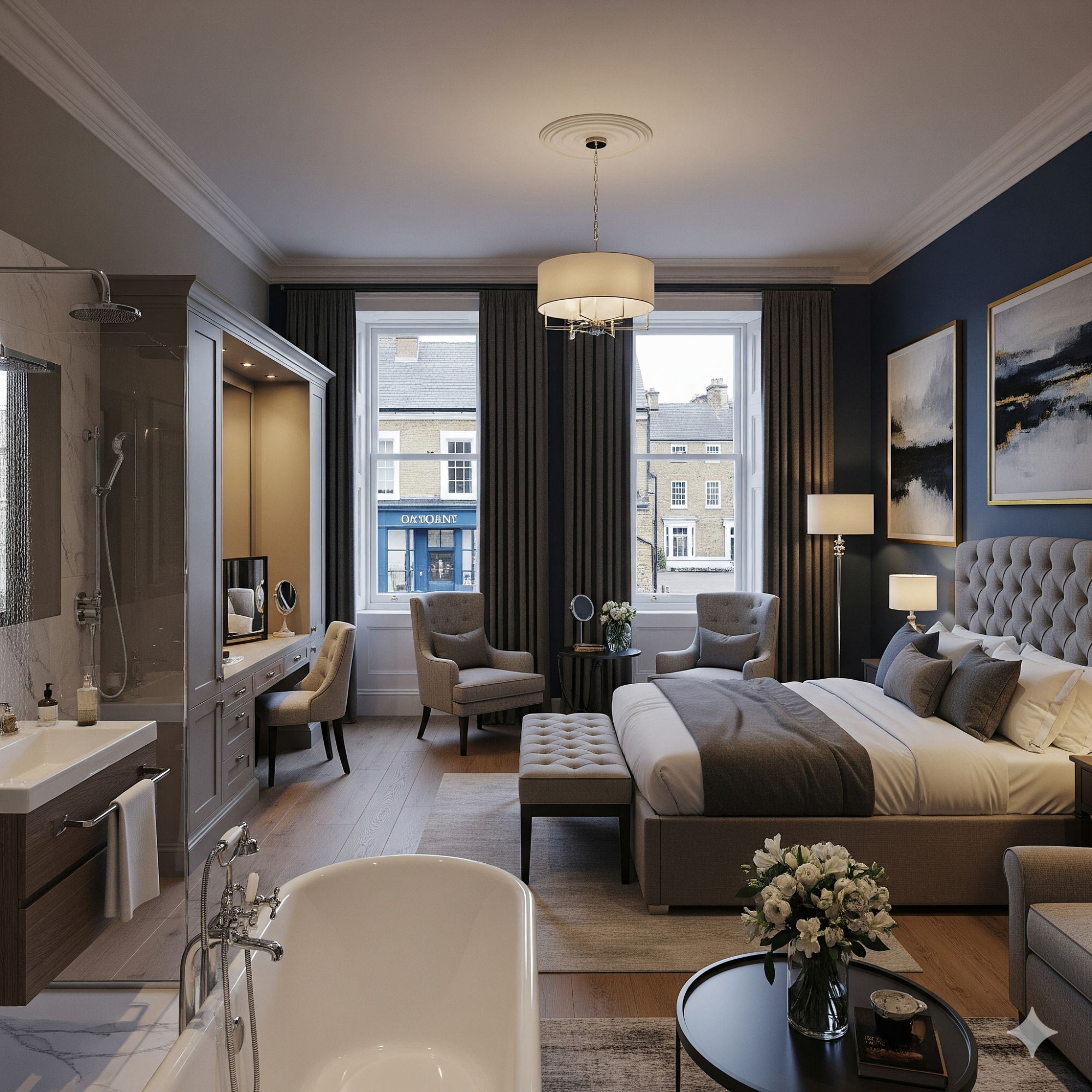 Boutique Hotel Suite A modern hotel room with a king-sized bed, armchairs, and large windows.