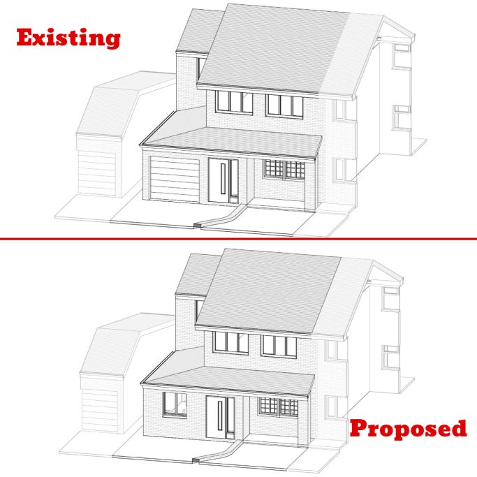 Existing and proposed 3D view 2 Comparison of existing house design and proposed changes, illustrating architectural updates.