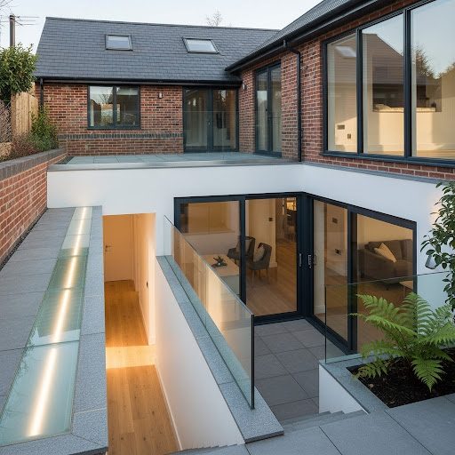 Modern house with a glass walkway, surrounded by brick and large windows.