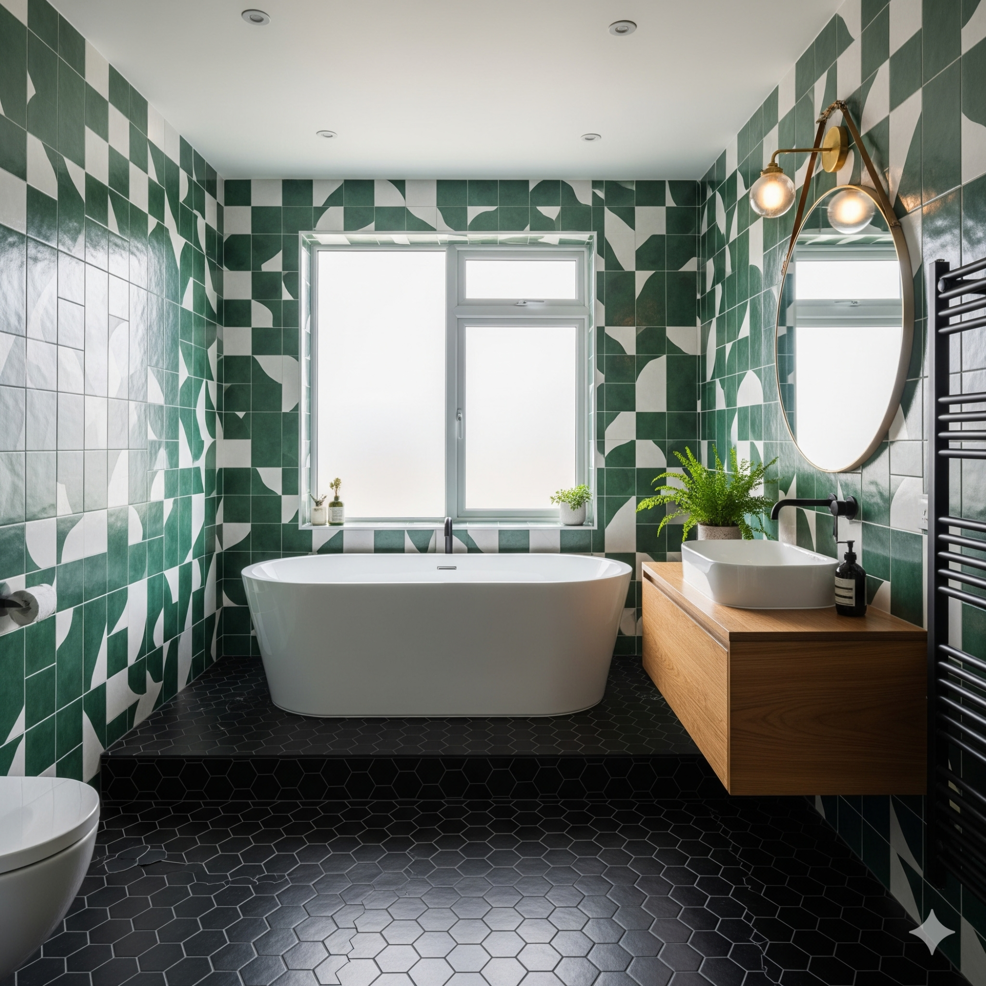 Statement Tiling Modern bathroom featuring green tile walls, a freestanding bathtub, and a wooden vanity.