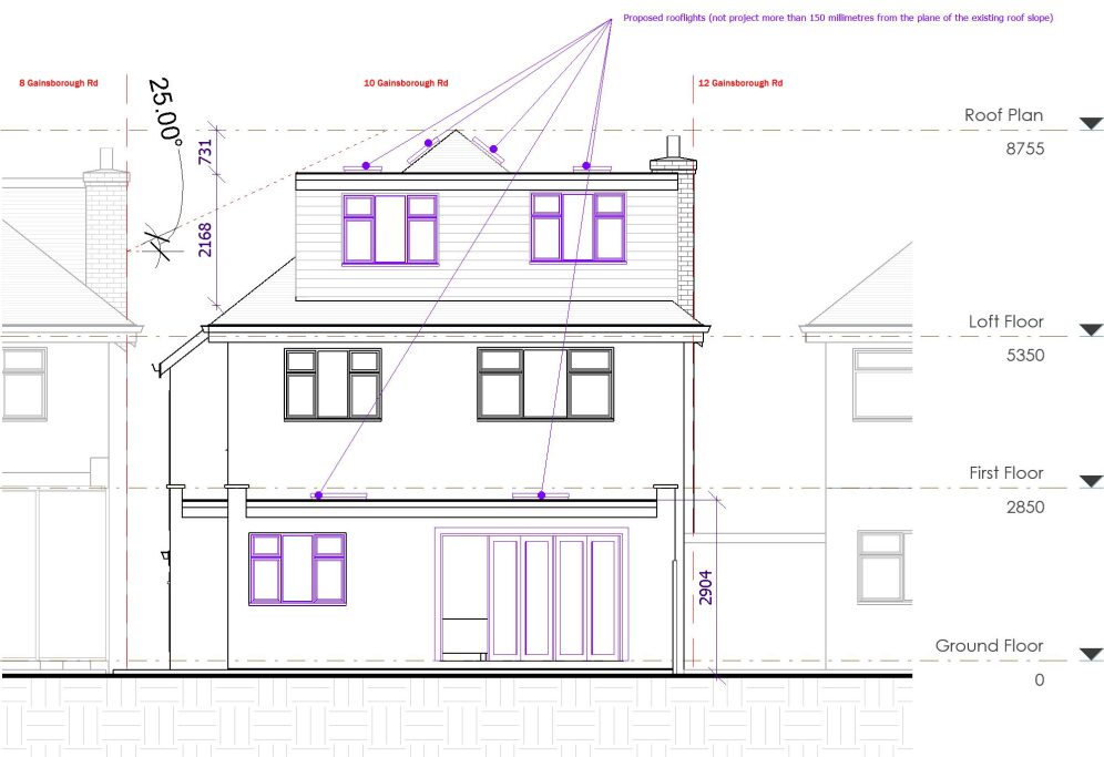 Proposed Rear Elevation Architectural drawing of a two-storey house with detailed dimensions and annotations.