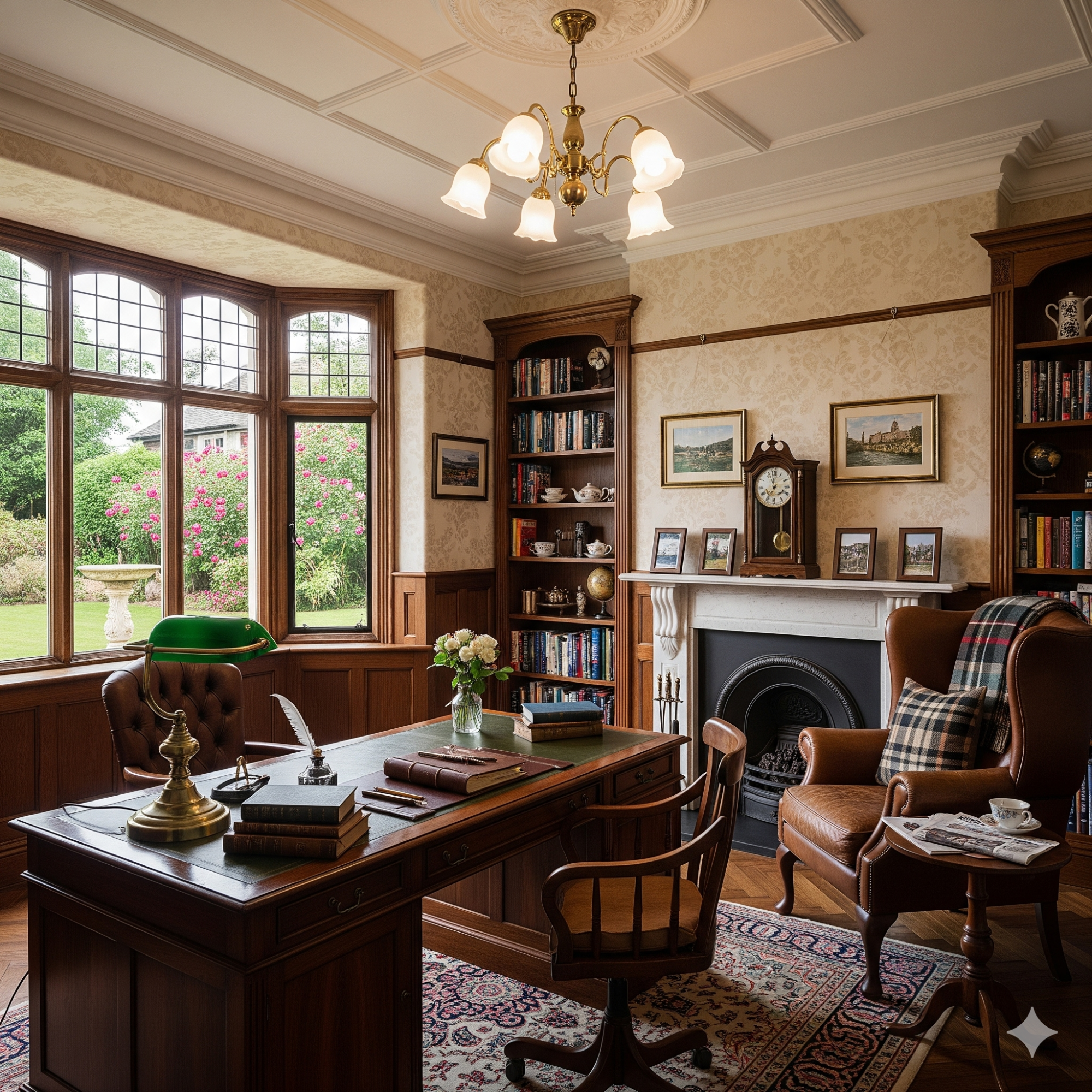 Traditional & Classic A classic study with wooden furniture, bookshelves, and a garden view through large windows.