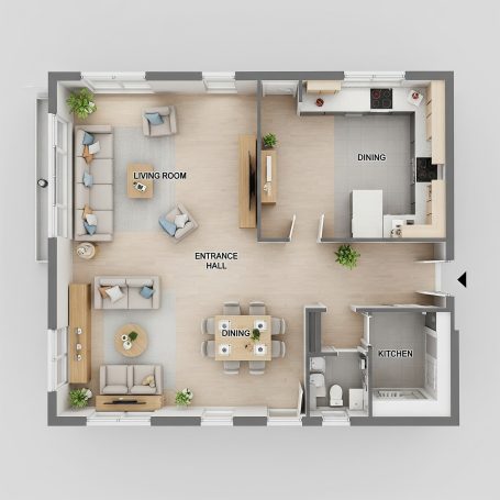 UK ground floor rooms Layout of a modern open-plan living space with furniture and kitchen areas.