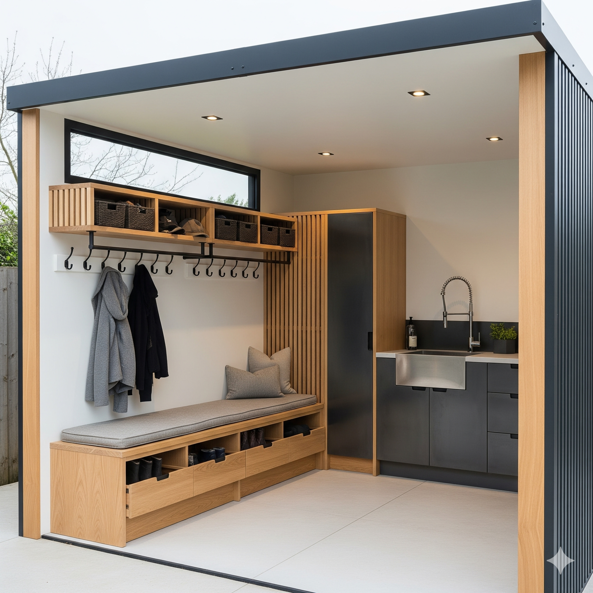 Bootility Modern mudroom with storage benches, hooks for coats, and a small kitchen area.