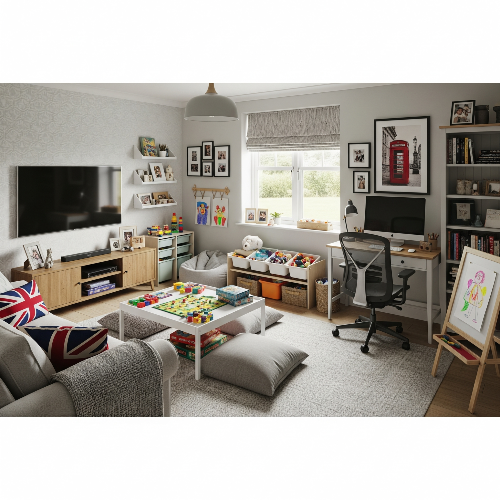 Multi-Purpose Family Room A stylish, multi-functional living room with a workspace, toys, and cosy furnishings.
