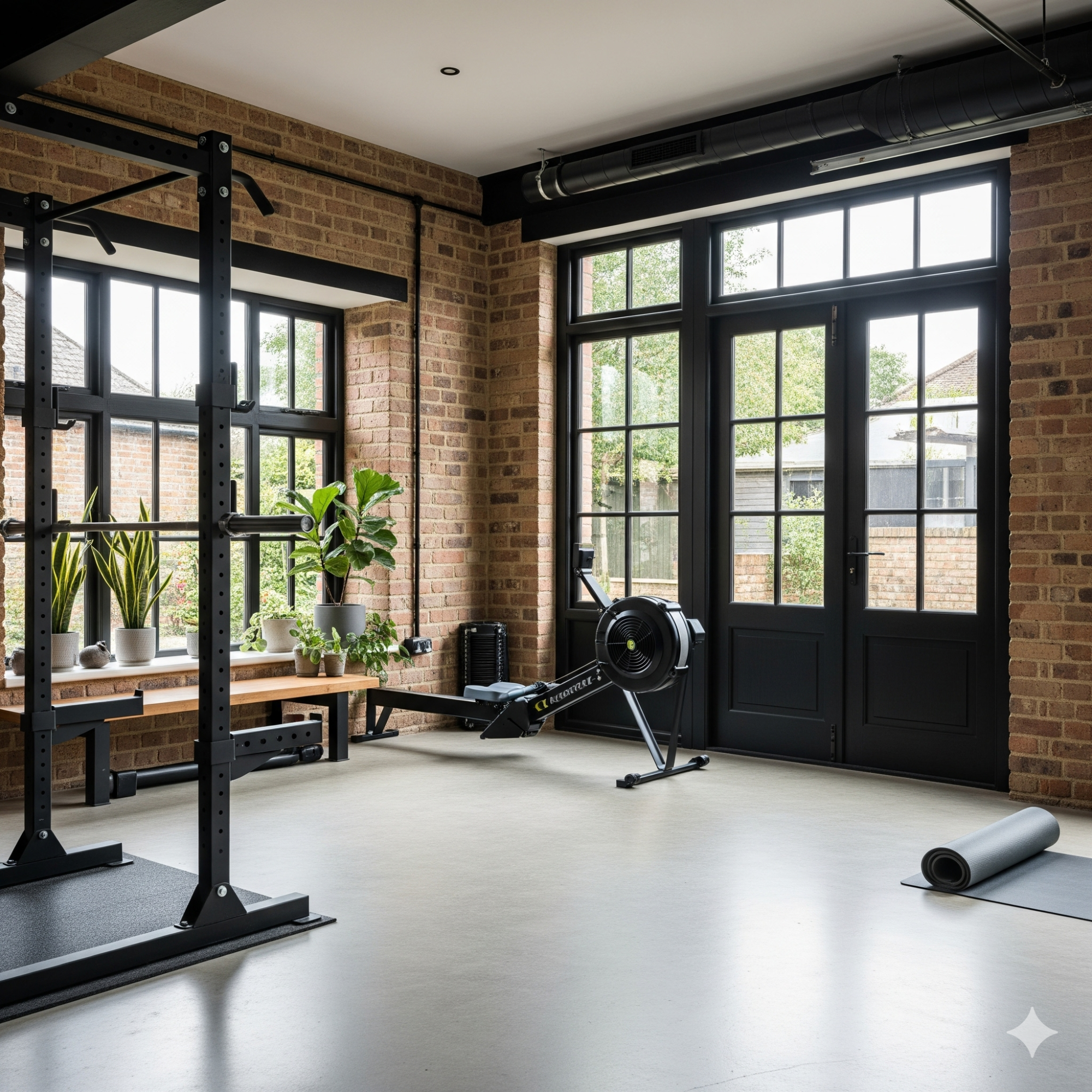 Industrial Garage Modern gym interior with brick walls, windows, fitness equipment, and plants.