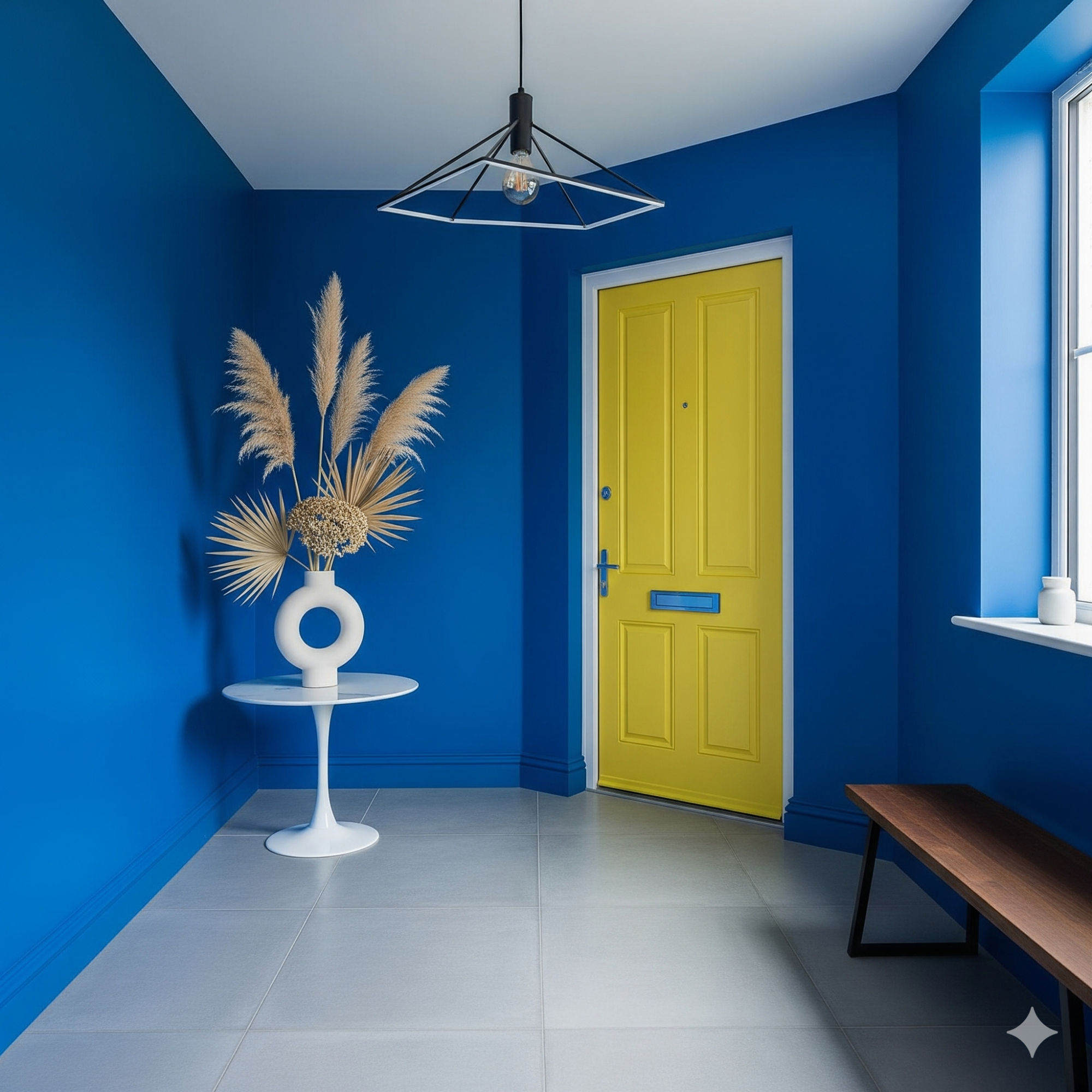 Statement Colours Bright blue hallway with a yellow door, a white pedestal table, and decorative dried plants.
