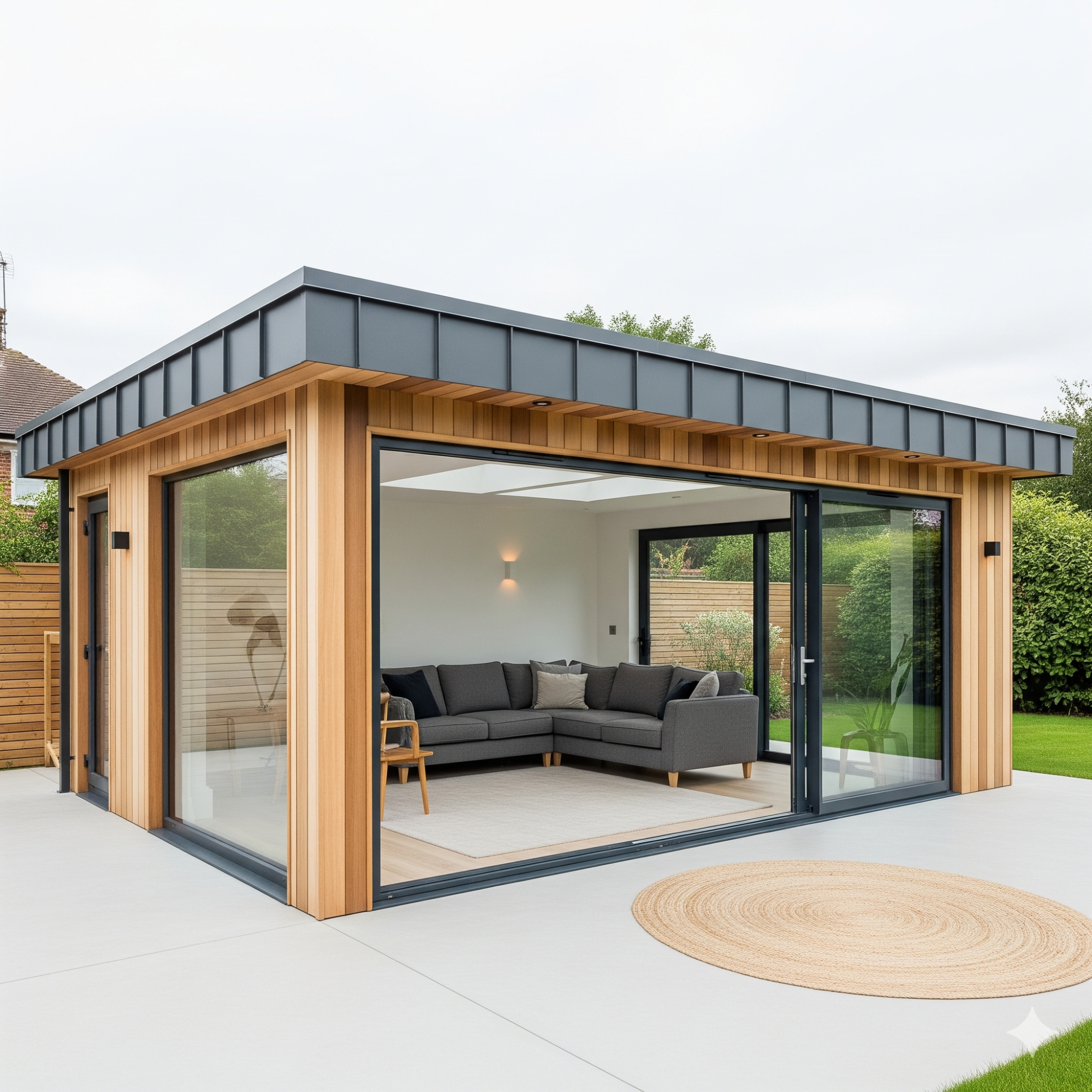 Modern & Contemporary Modern garden room with large glass windows and a grey sofa inside.