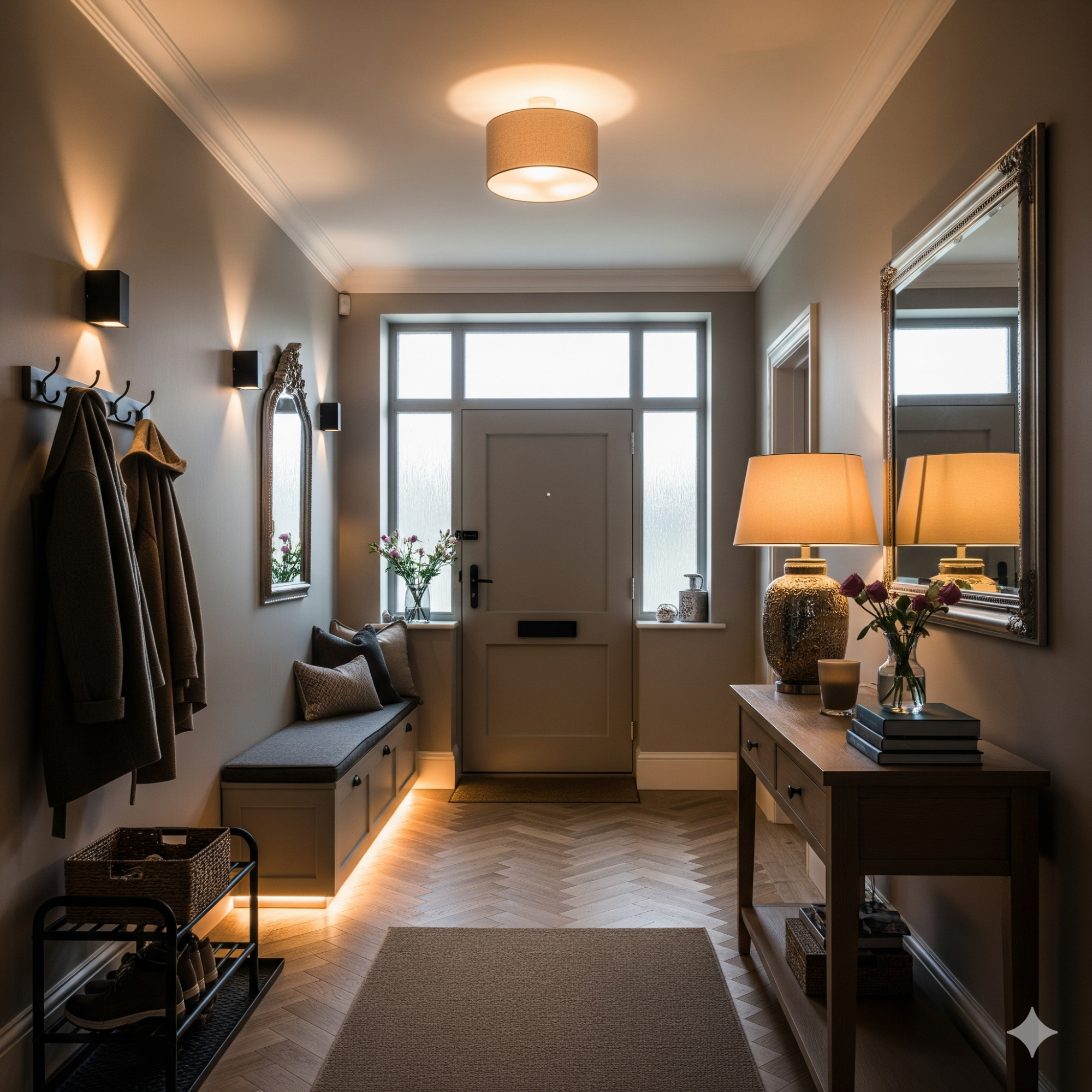 Layered Lighting A modern hallway with a bench, mirrors, lamps, and a welcoming entrance door.