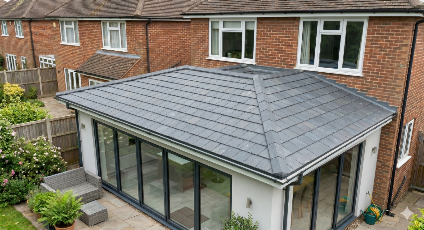 Pitched Slate Modern house extension with a flat roof and large glass doors, surrounded by gardens.