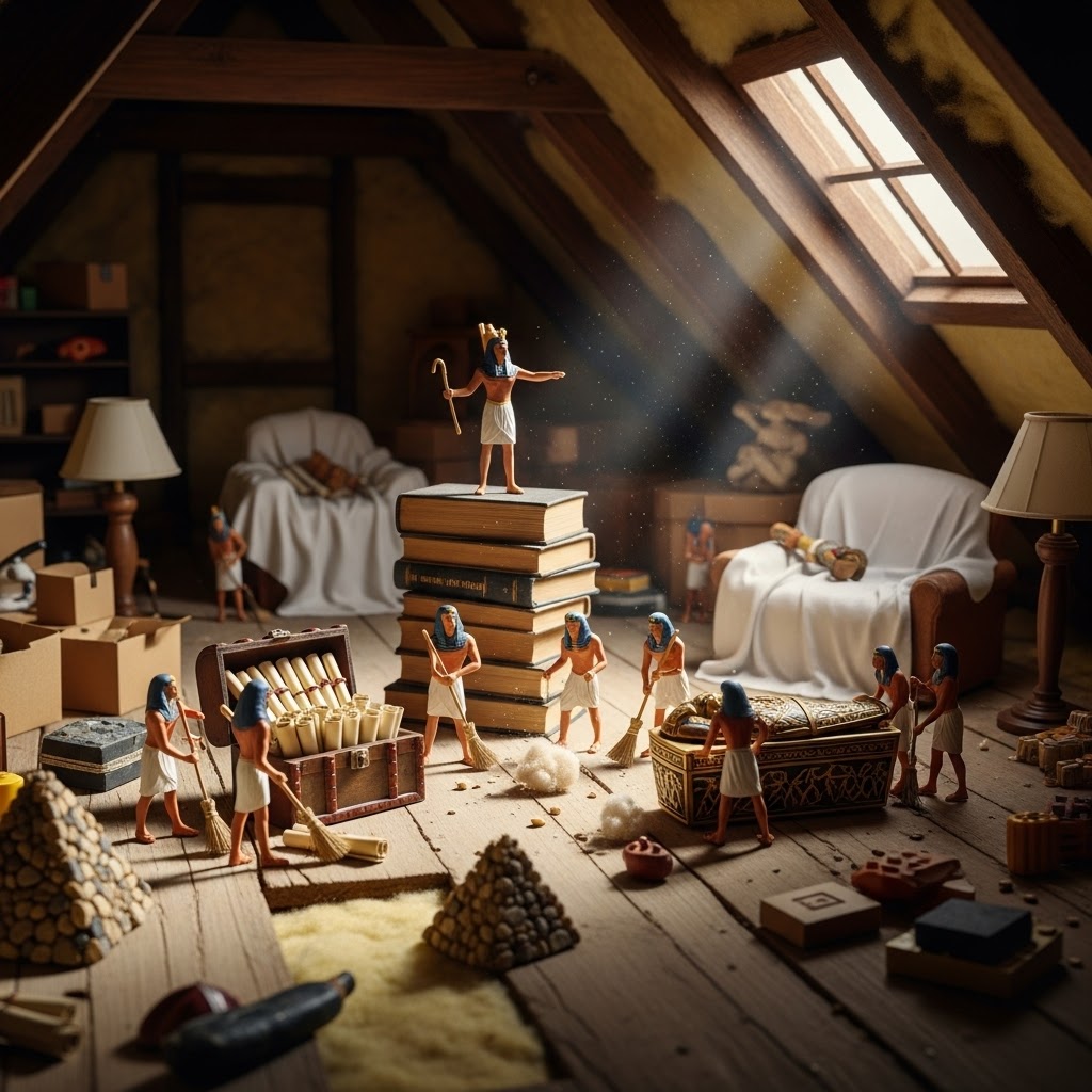 Attic - Loft A miniature attic scene with figurines, books, and pyramid-shaped structures.