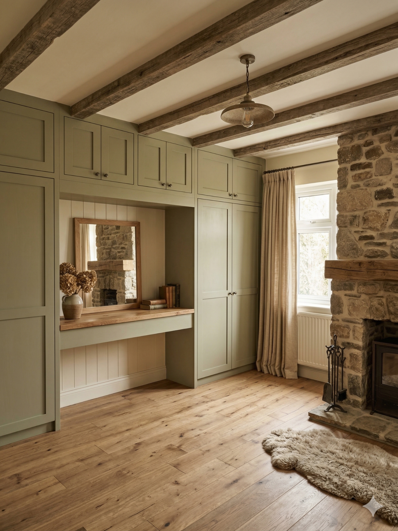 Warm Modern Farmhouse Warm, rustic interior with stone fireplace, wooden floors, and green cabinetry.