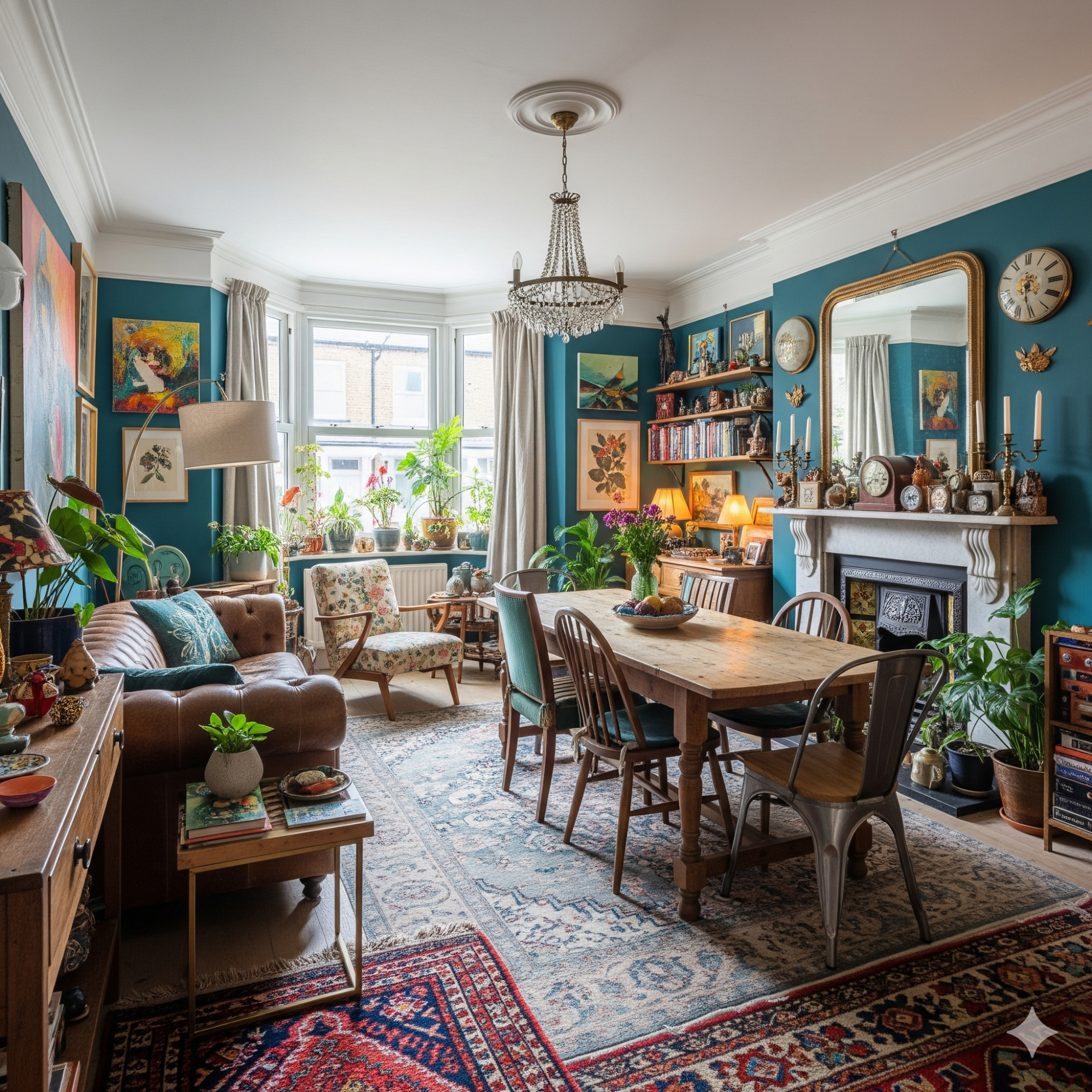 Eclectic Bright living room with green walls, plants, vintage furniture, and a dining area.