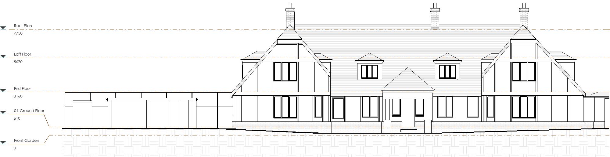 Existing Front Elevation Architectural elevation of a two-storey house featuring symmetrical design and prominent roof.