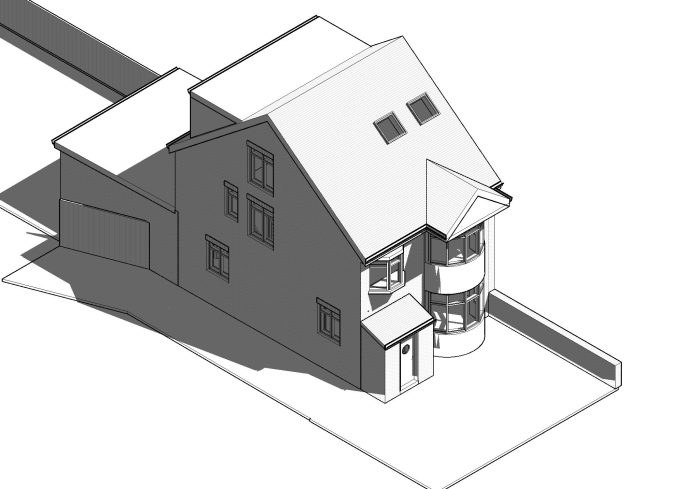 Enhancing a Four-Bedroom Home with a Front Porch Extension and New Ground Floor WC Schematic illustration of a modern two-storey house with a curved entrance.