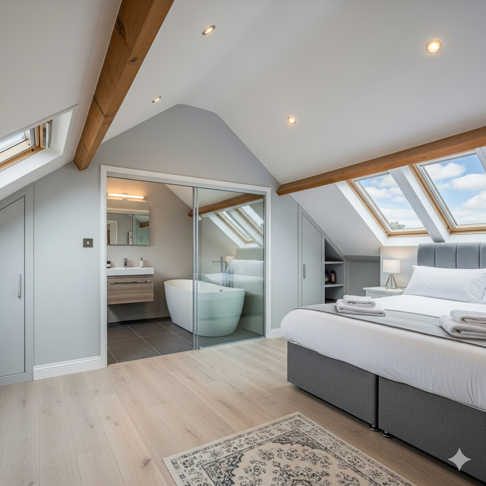 Loft Bedroom with En-suite Bright attic bedroom with a double bed, skylights, and an adjoining bathroom view.