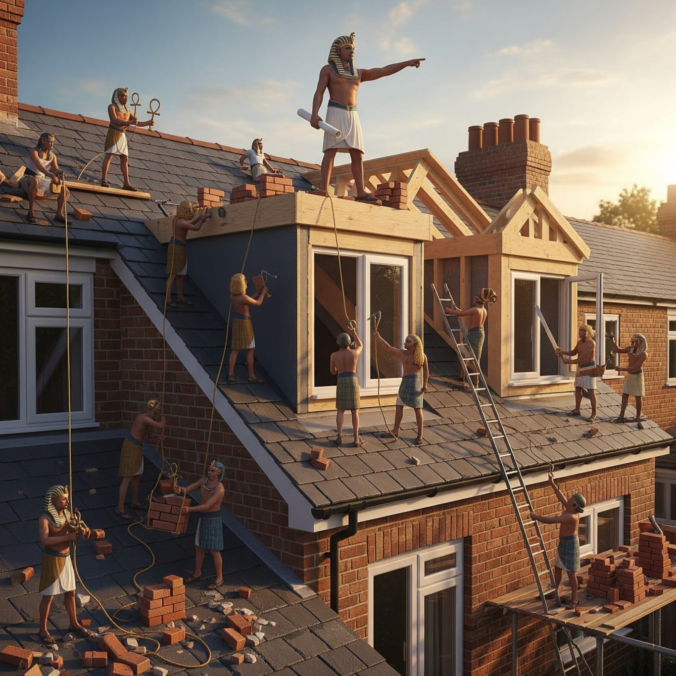 Loft conversion and rear dormer Ancient Egyptian workers building on modern rooftops under a sunset.
