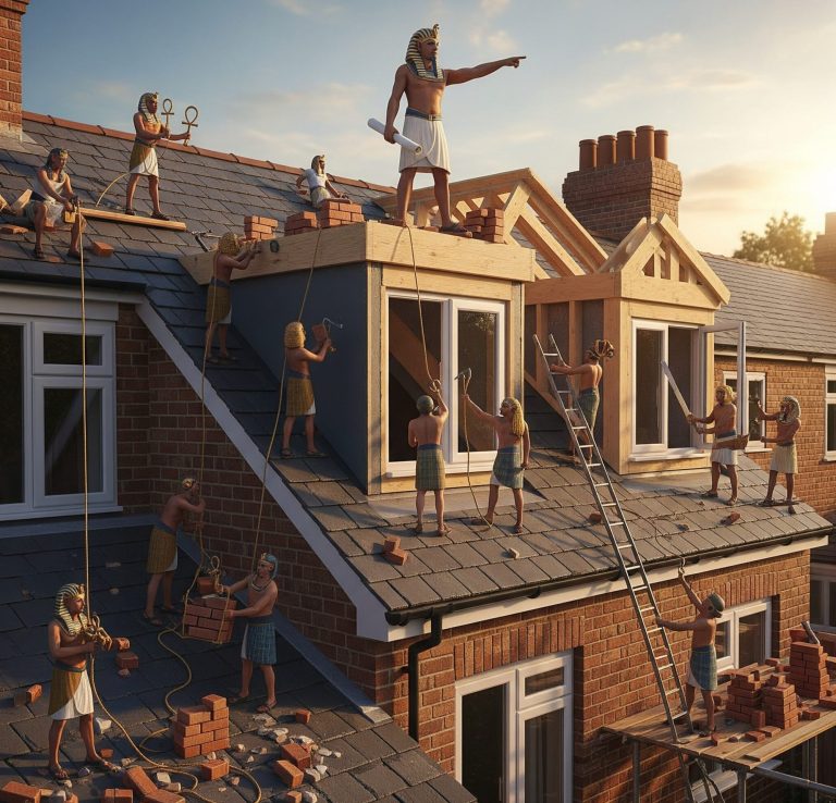 Loft Conversions Ancient Egyptian workers constructing a modern house with bricks on a roof at sunset.