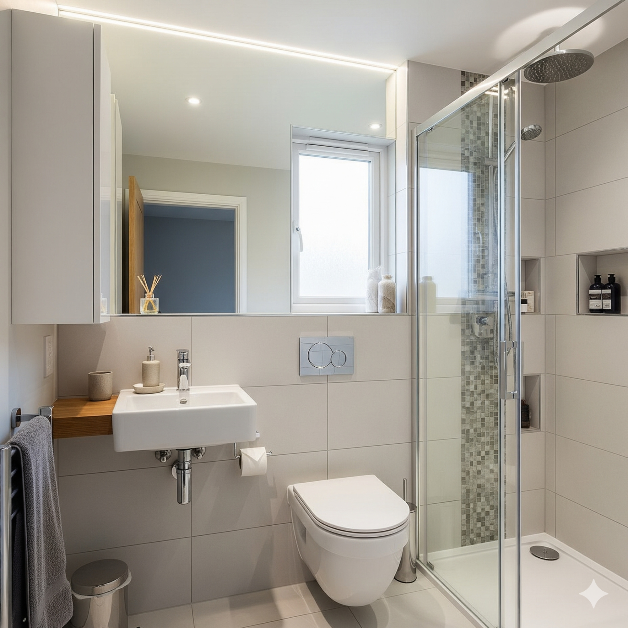 Maximising Small Spaces Modern bathroom featuring a shower, washbasin, toilet, and a window for natural light.