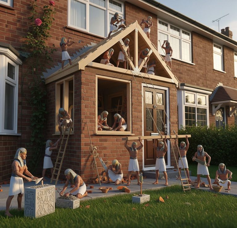 Front porch extension Children in ancient Egyptian attire construct a house, using tools and ladders.