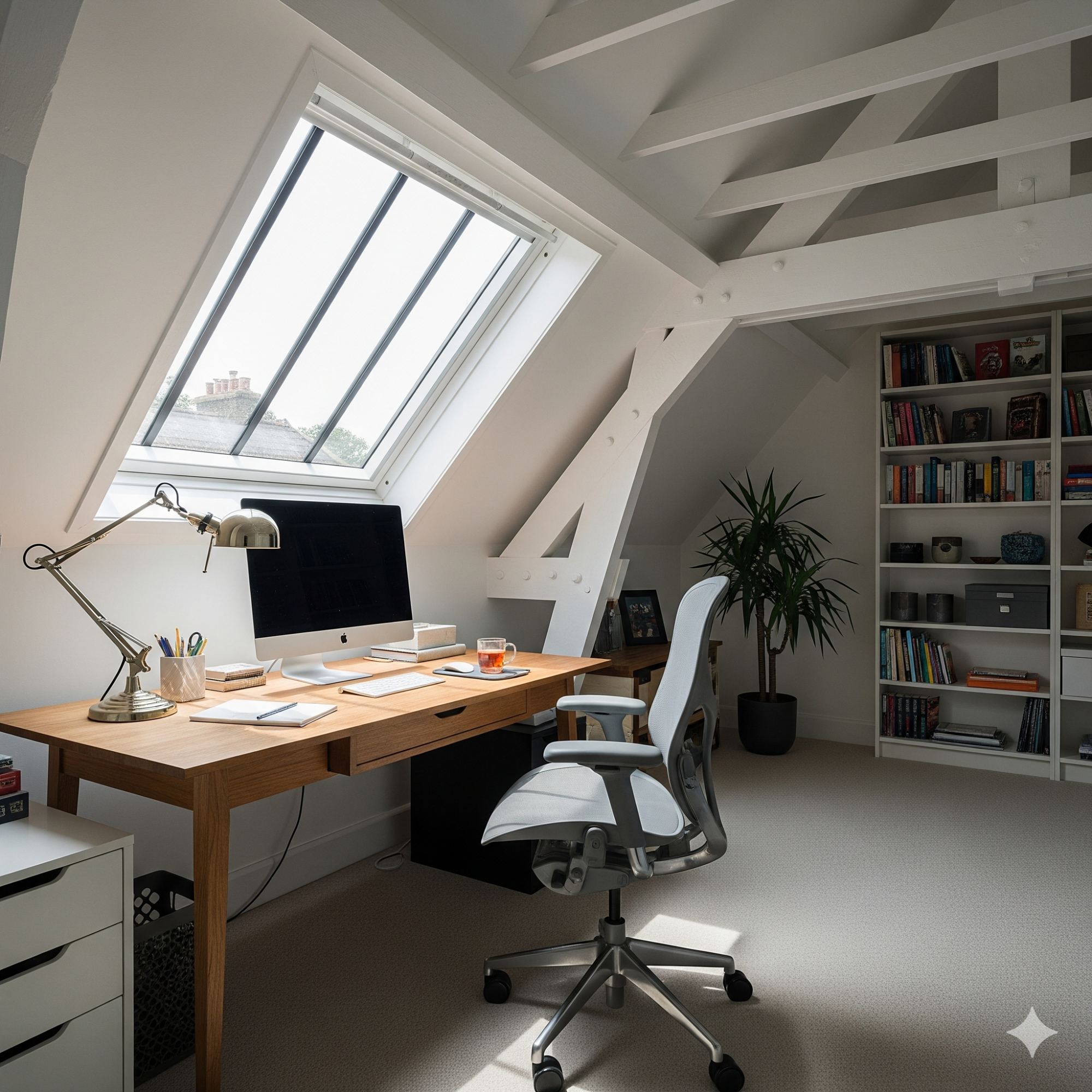 Home Office Studio Modern attic workspace with a desk, chair, computer, and bookshelves. Natural light from window.