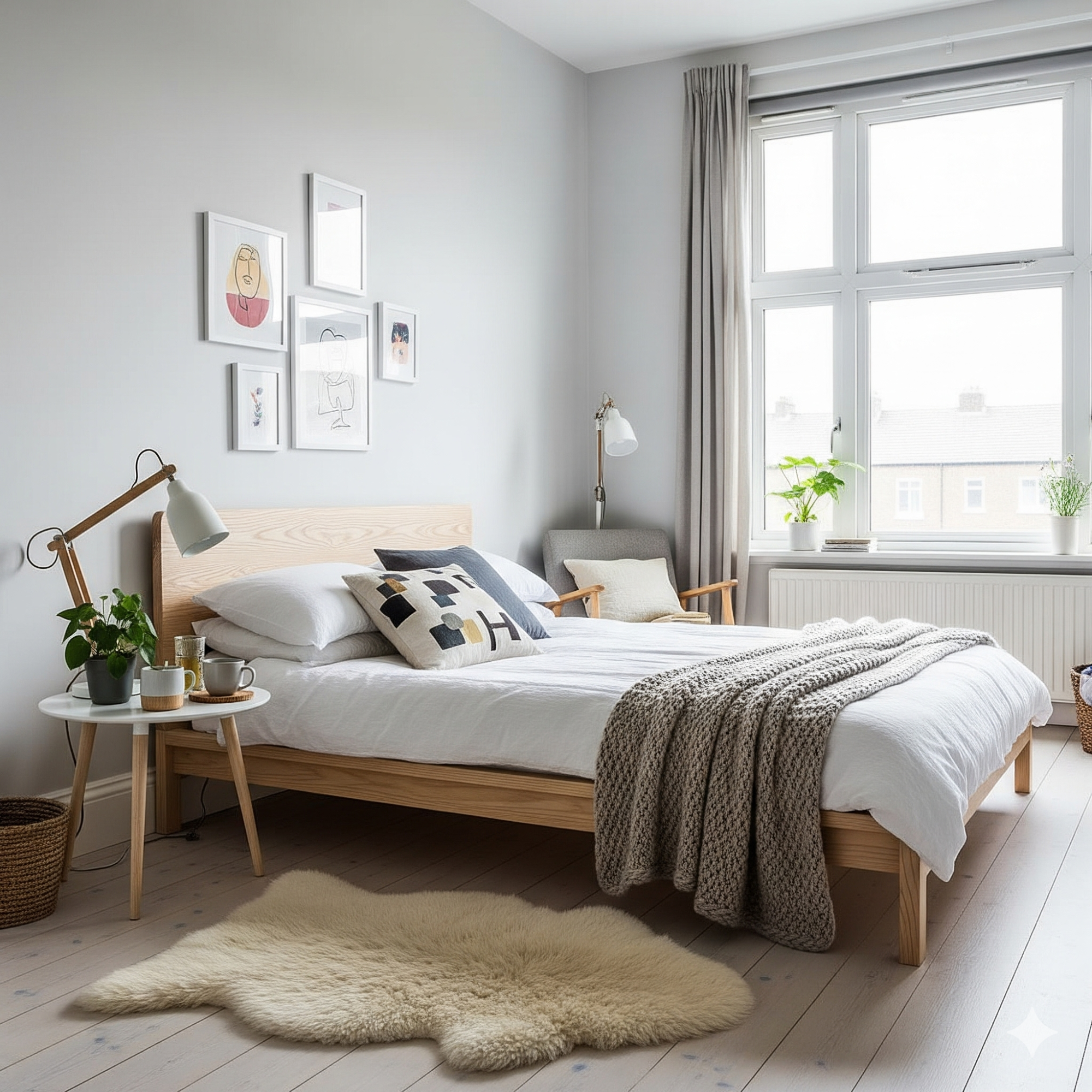 Scandinavian (Scandi) Bright and modern bedroom with a wooden bed, plants, artwork, and a soft rug.