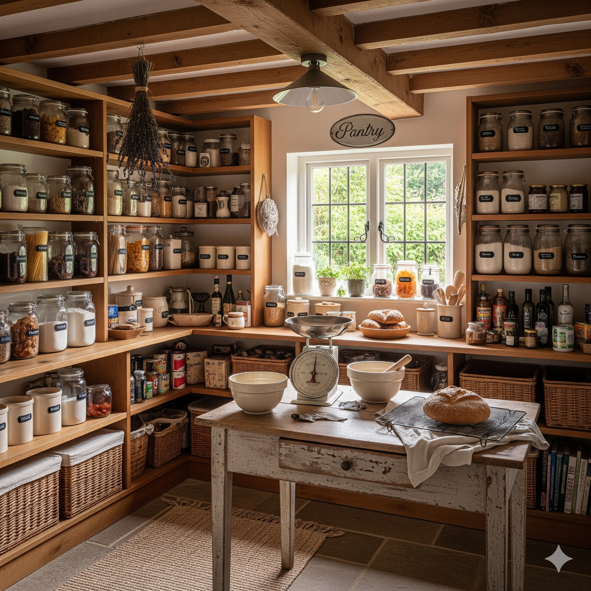 Rustic & Homely A rustic kitchen with wooden shelves filled with jars and baskets, featuring a table in the centre.