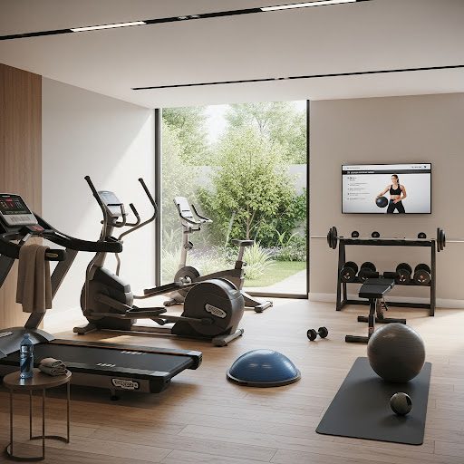 Home gym with exercise equipment, including bikes, weights, and a large window overlooking greenery.
