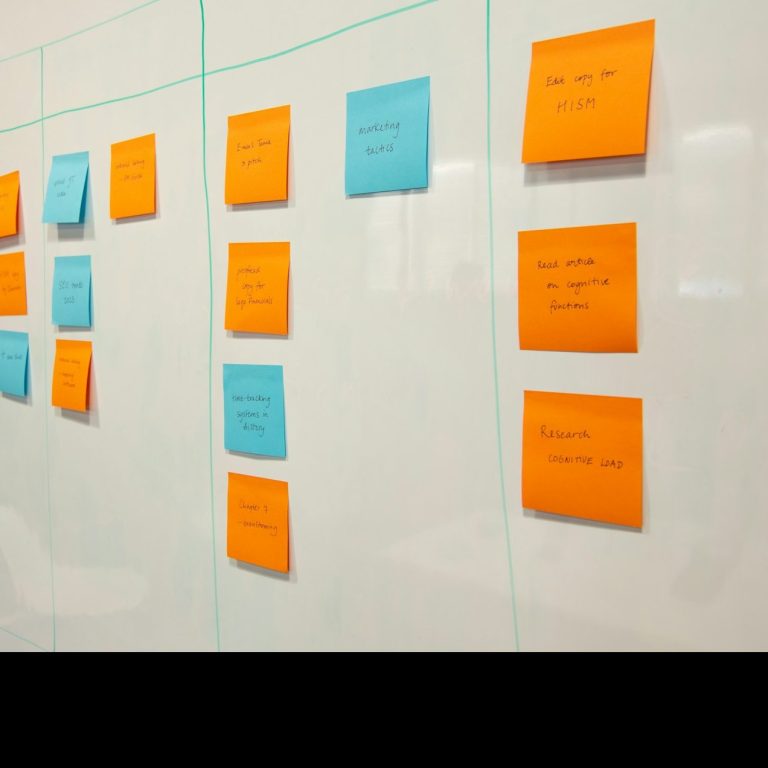 A whiteboard with orange and blue sticky notes arranged in a grid pattern.