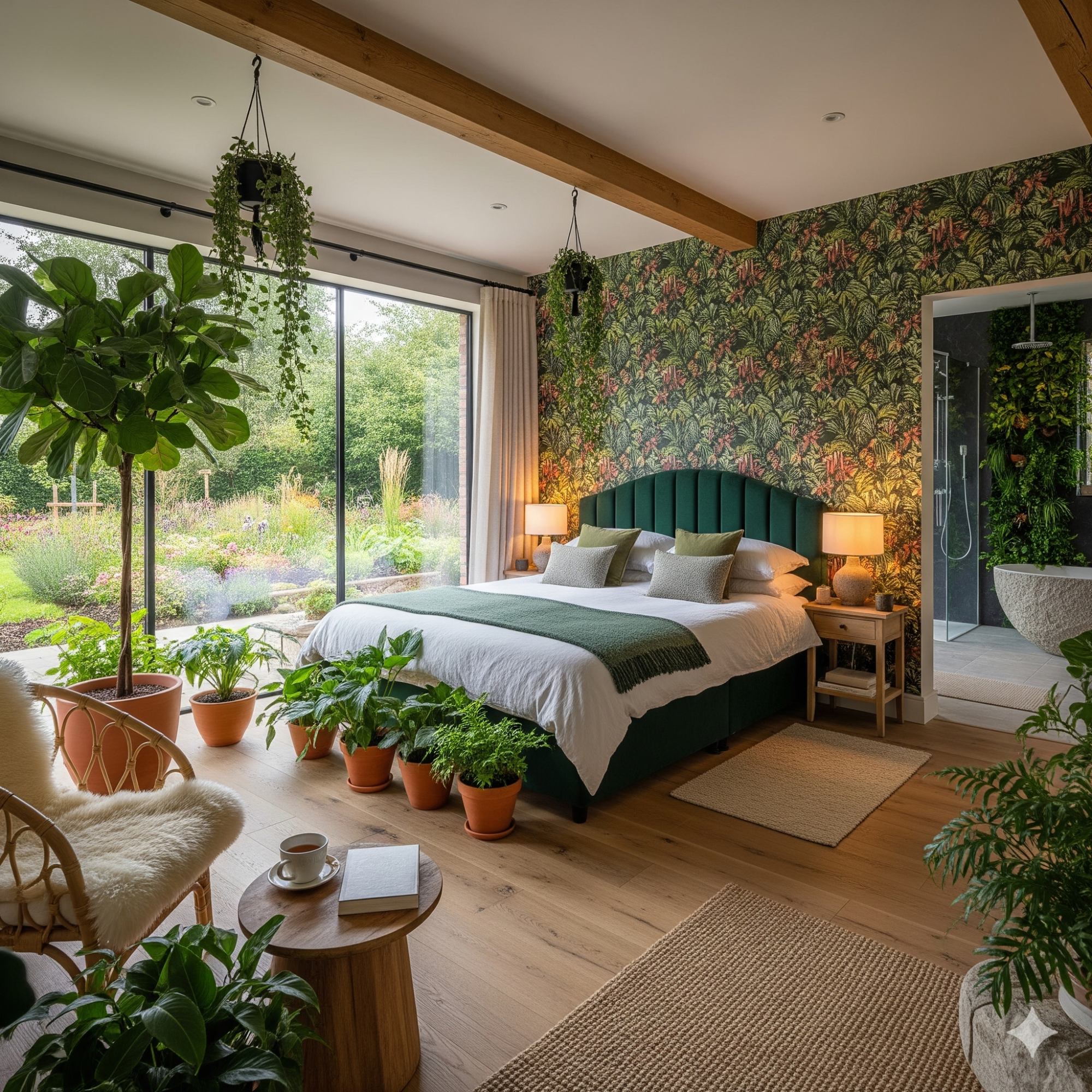 Biophilic Design A bright, botanical-themed bedroom with green plants, a double bed, and large windows.