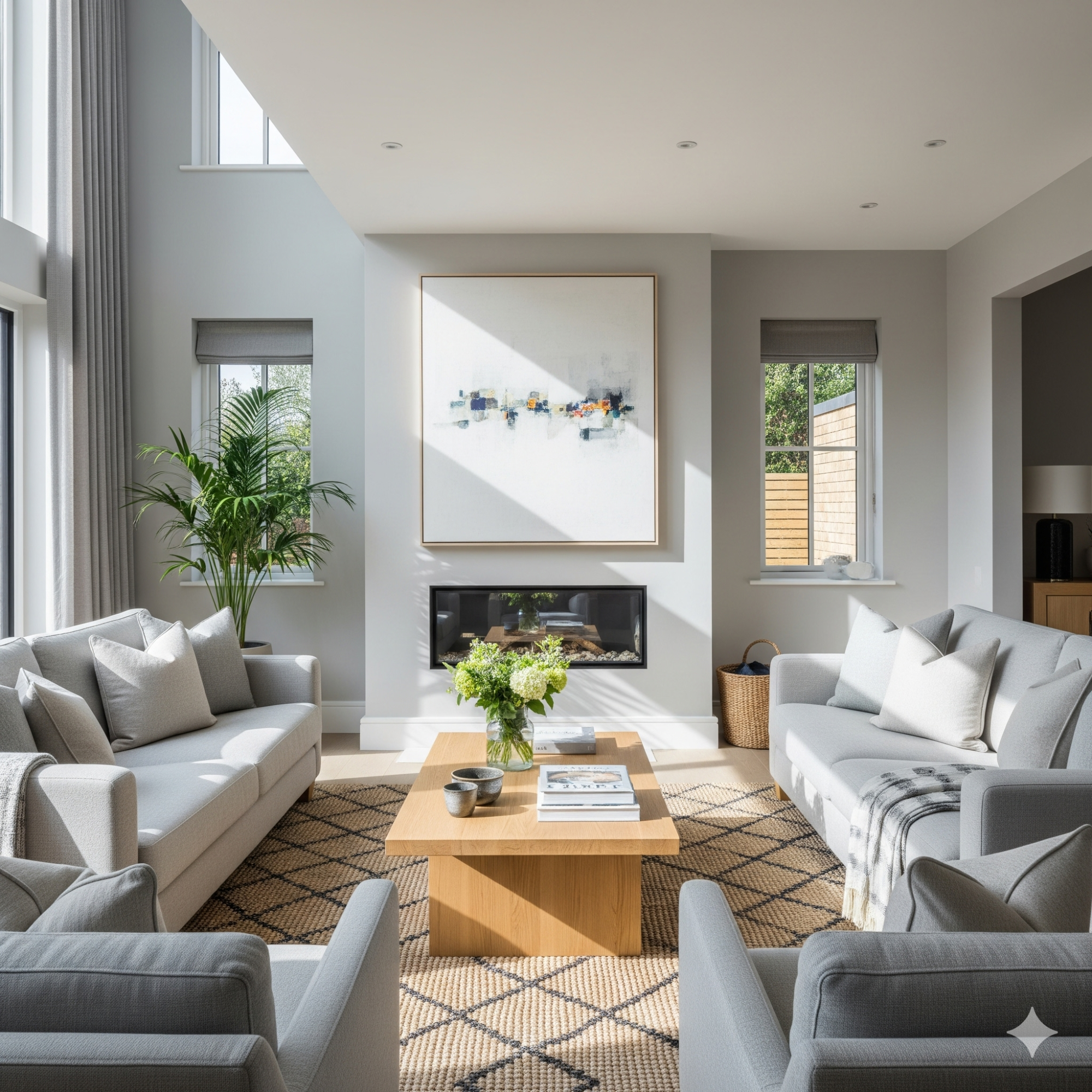 The Light-Filled Contemporary Modern living room with grey sofas, a wooden coffee table, and large windows.