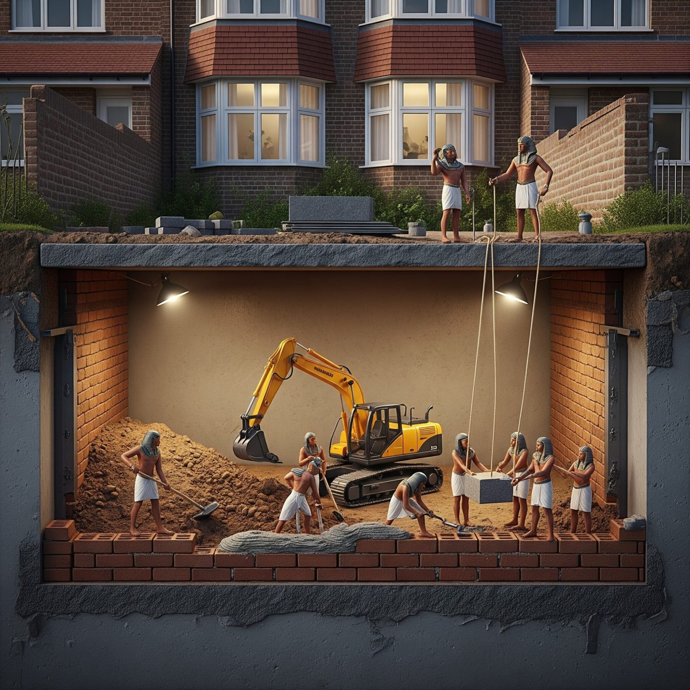 Basement extension Excavation scene with builders and machinery beneath a residential area.
