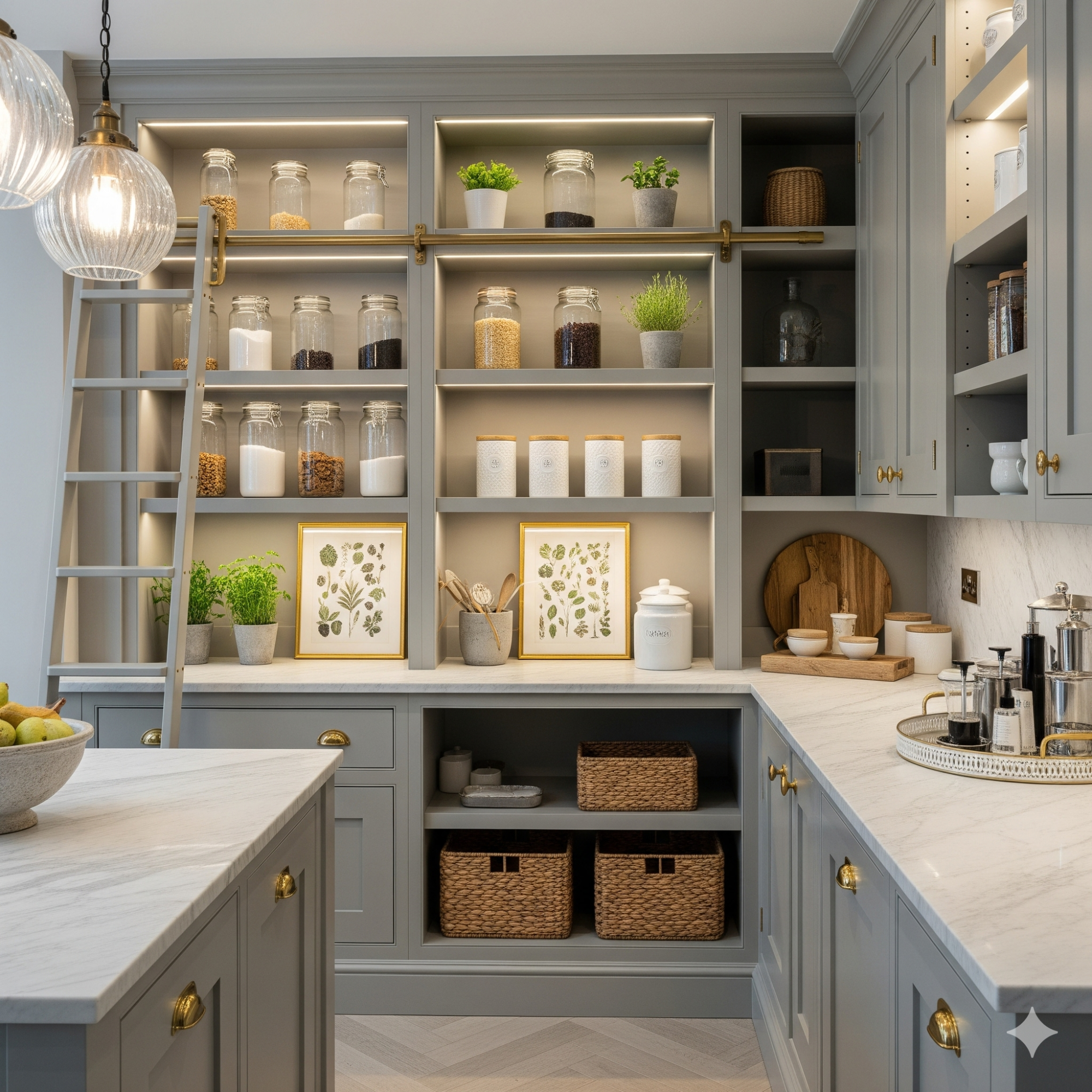 The Glam Pantry Modern kitchen with grey cabinetry, open shelves, decorative jars, and natural light.
