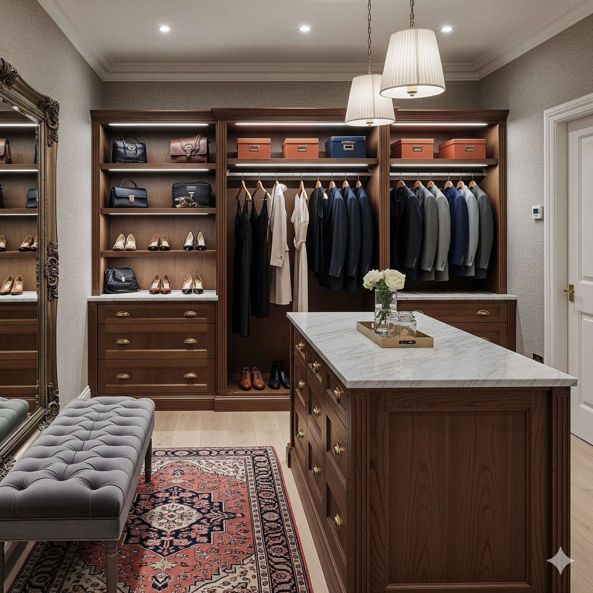 Bespoke Elegant walk-in closet with shelves, clothing racks, and a central island with a bench.