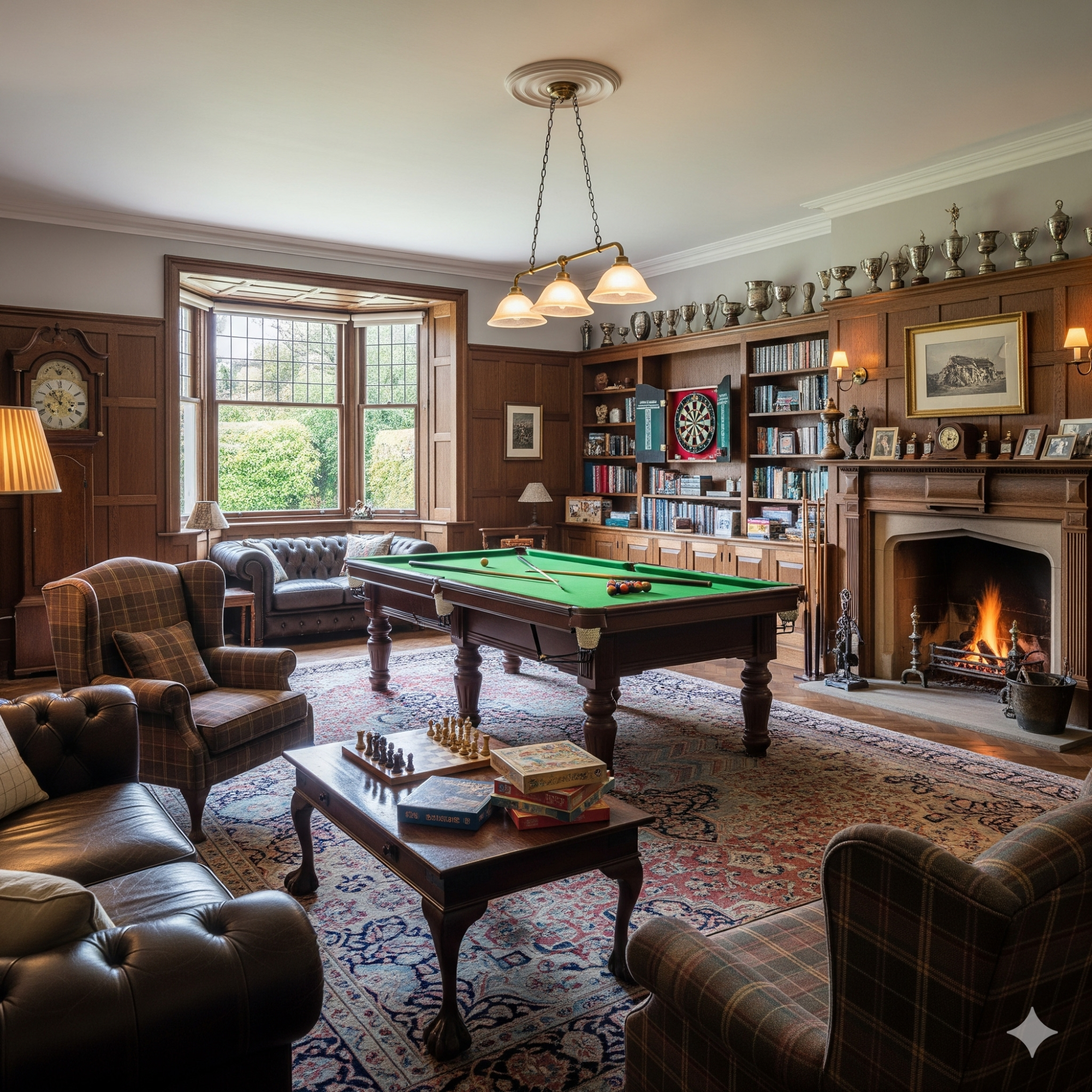 The Classic & Traditional A cosy room with a pool table, armchairs, a fireplace, and bookshelves.