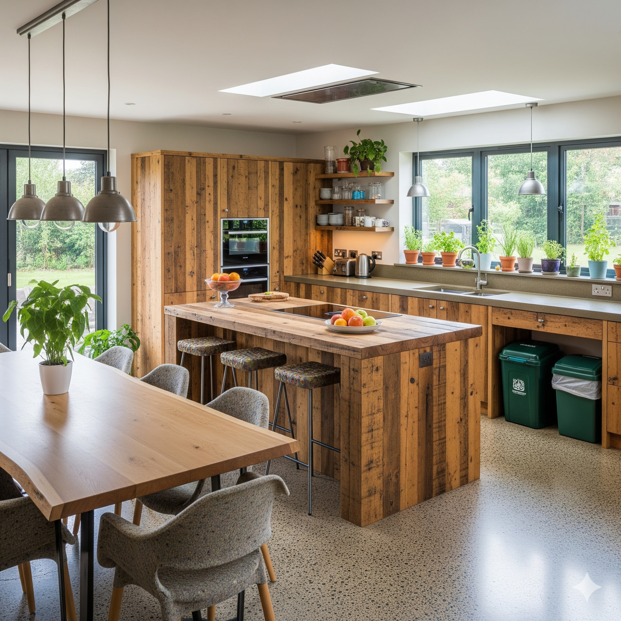 Sustainability Modern kitchen with wooden furniture, large windows, and potted plants.