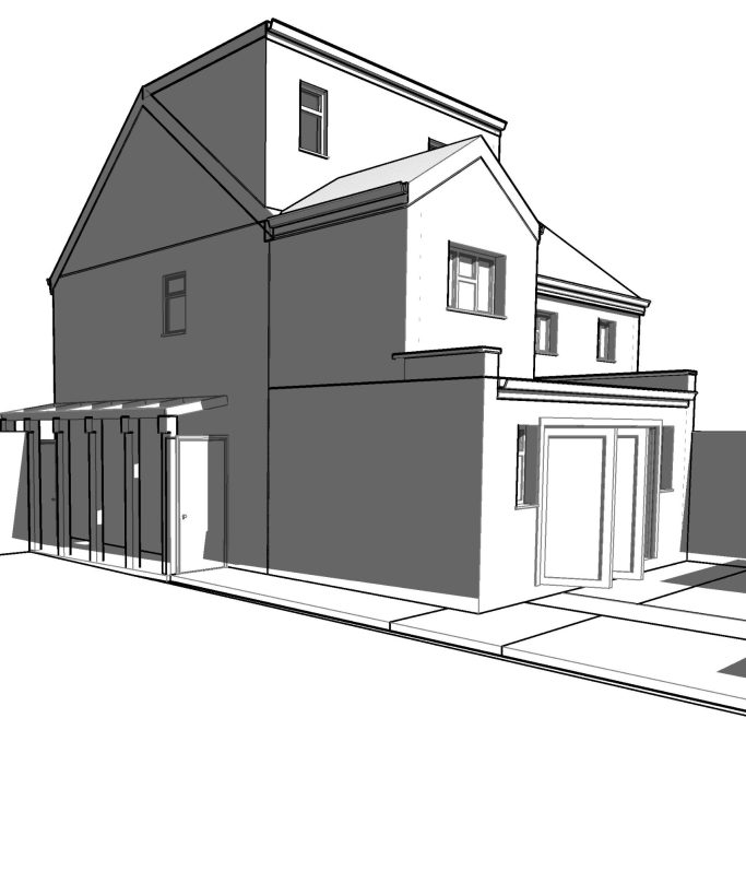Transforming a Semi-Detached Home in Hounslow Stylised black and white illustration of a modern two-storey house.