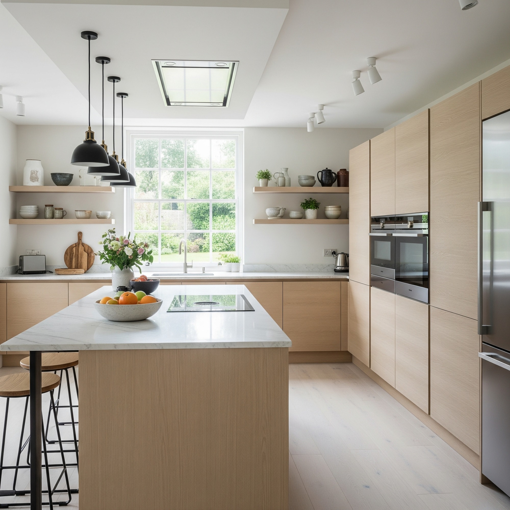 Scandinavian style Modern kitchen with wooden cabinets, a central island, and natural light.