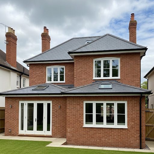 Modern two-storey brick house with large windows and a well-maintained garden.