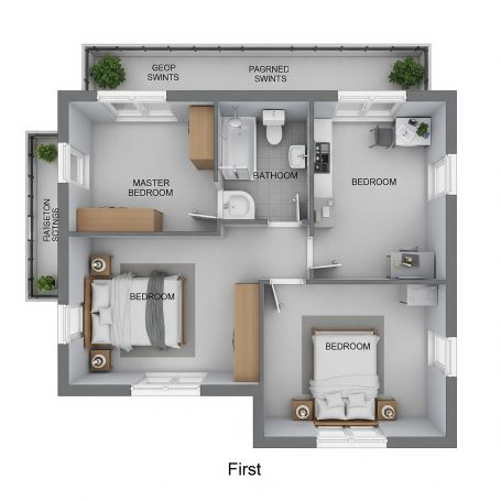 UK upper floors rooms Floor plan of a two-bedroom apartment, featuring a bathroom and living area.
