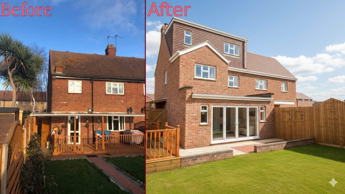 Double-Storey Extension and Loft Conversion! in Hounslow Side-by-side comparison of a house before and after renovation with a landscaped garden.